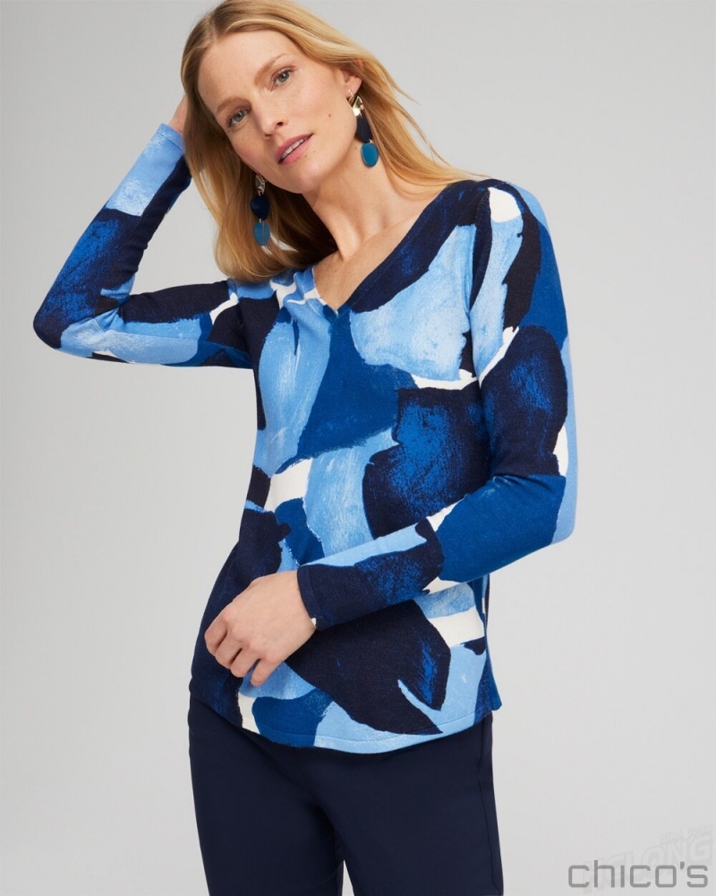 Chico's Spun Rayon Abstract V-neck Pullover Sweaters Classic Navy | 927-LNTGSY