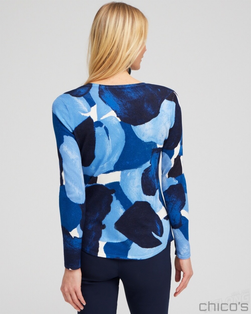 Chico's Spun Rayon Abstract V-neck Pullover Sweaters Classic Navy | 927-LNTGSY