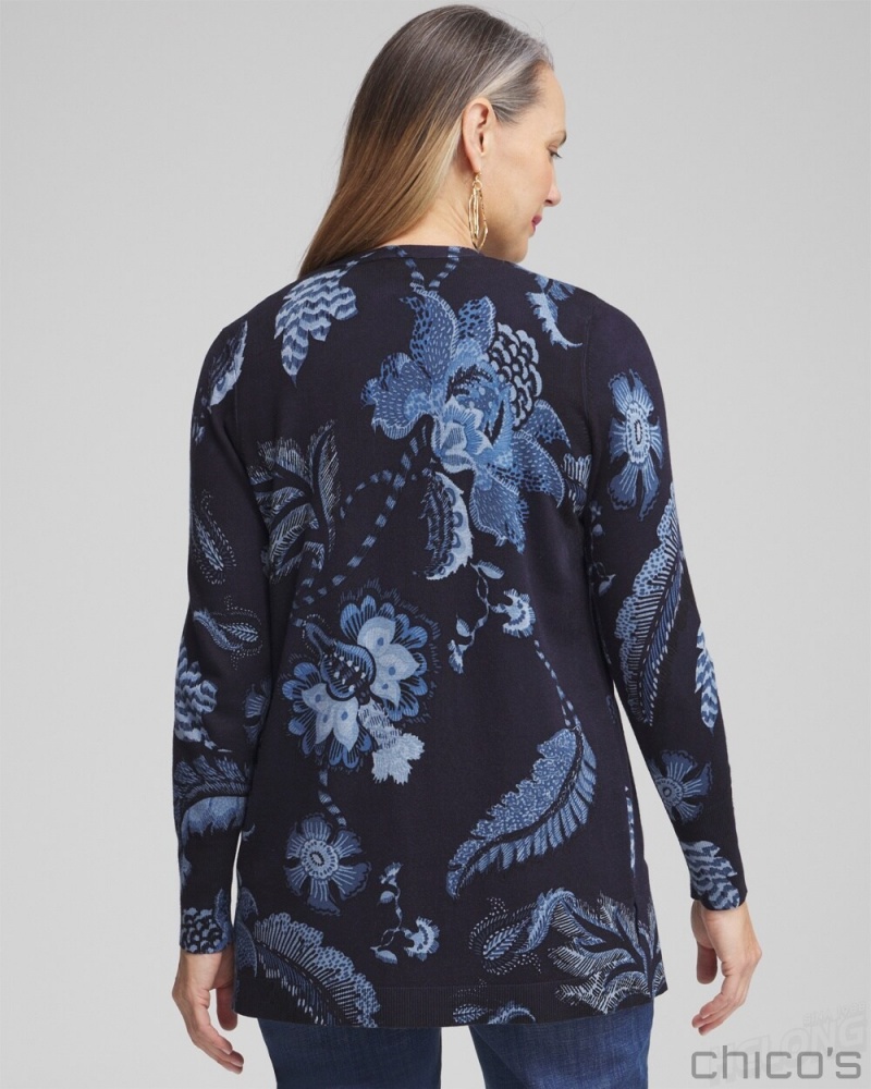 Chico's Spun Rayon Floral Cardigan Sweaters Classic Navy | 698-ACOHZB