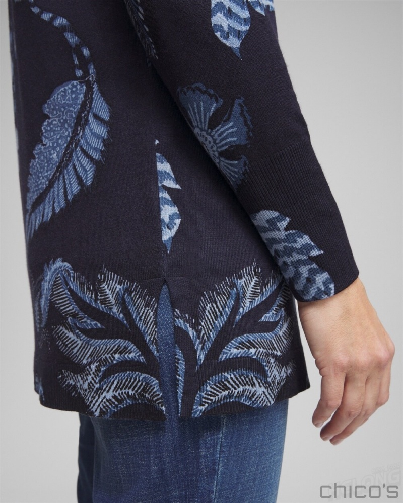 Chico's Spun Rayon Floral Cardigan Sweaters Classic Navy | 698-ACOHZB