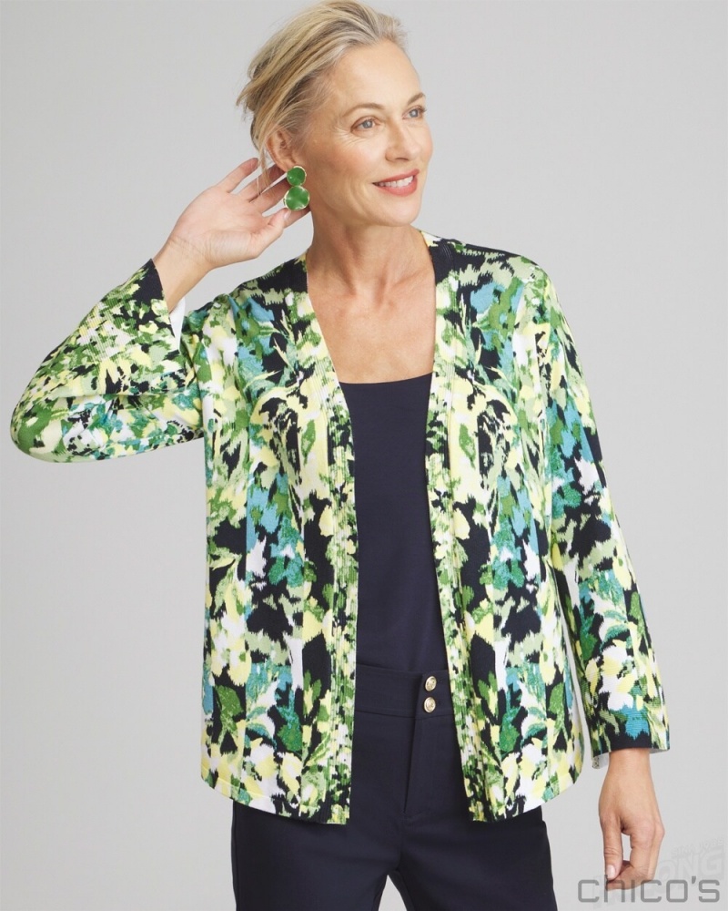 Chico\'s Spun Rayon Floral Flare Sleeve Cardigan Sweaters Verdant Green | 465-LZWHVF