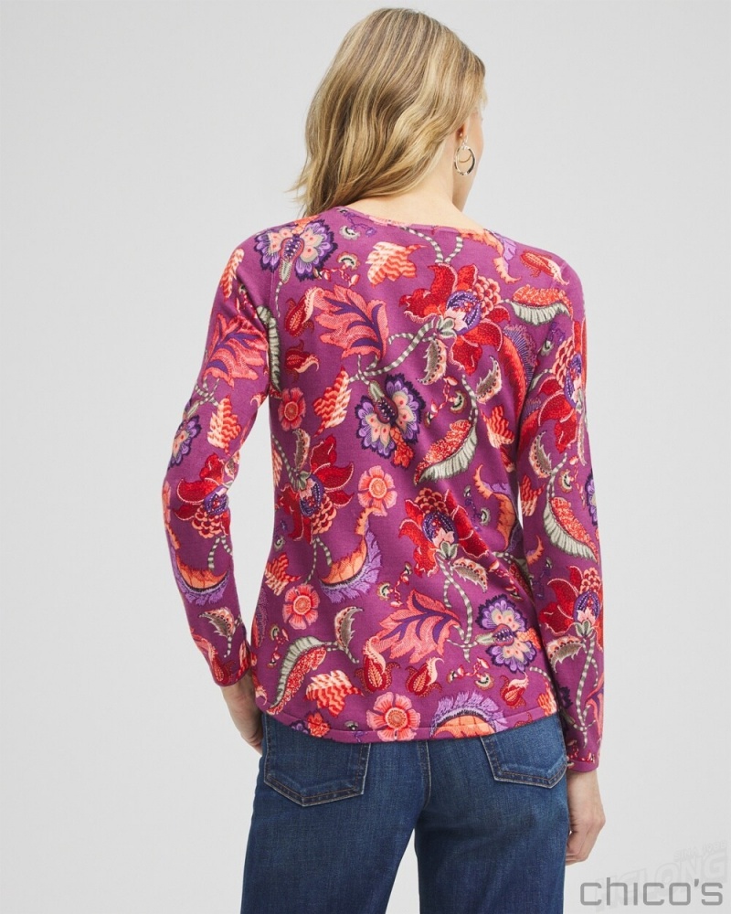 Chico's Spun Rayon Floral V-neck Pullover Sweaters Ginger Rose | 972-RCNHQI