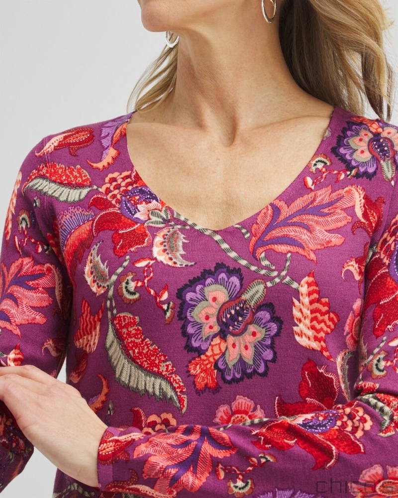 Chico's Spun Rayon Floral V-neck Pullover Sweaters Ginger Rose | 972-RCNHQI