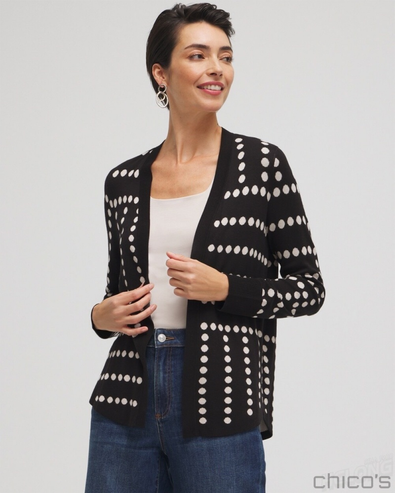 Chico's Spun Rayon Jacquard Dots Cardigan Sweaters Black | 157-QFEVCL