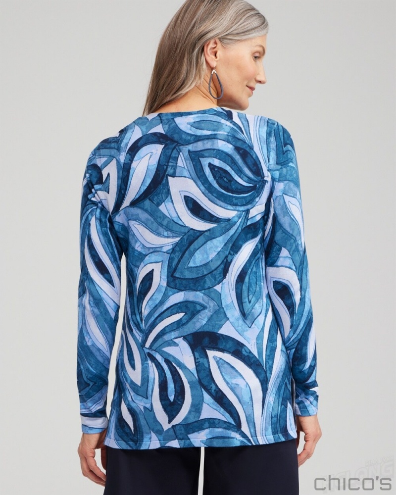 Chico's Spun Rayon Leaf Print Cardigan Sweaters Azores Blue | 901-OXHEZA