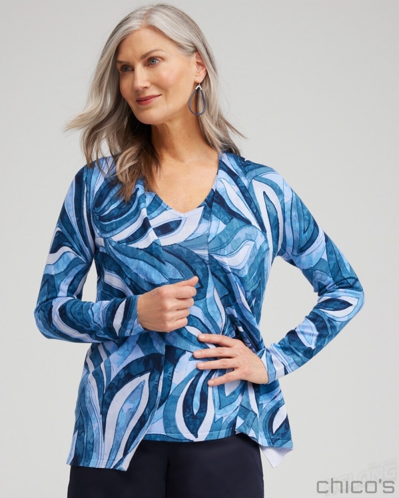 Chico\'s Spun Rayon Leaf Print Cardigan Sweaters Azores Blue | 901-OXHEZA