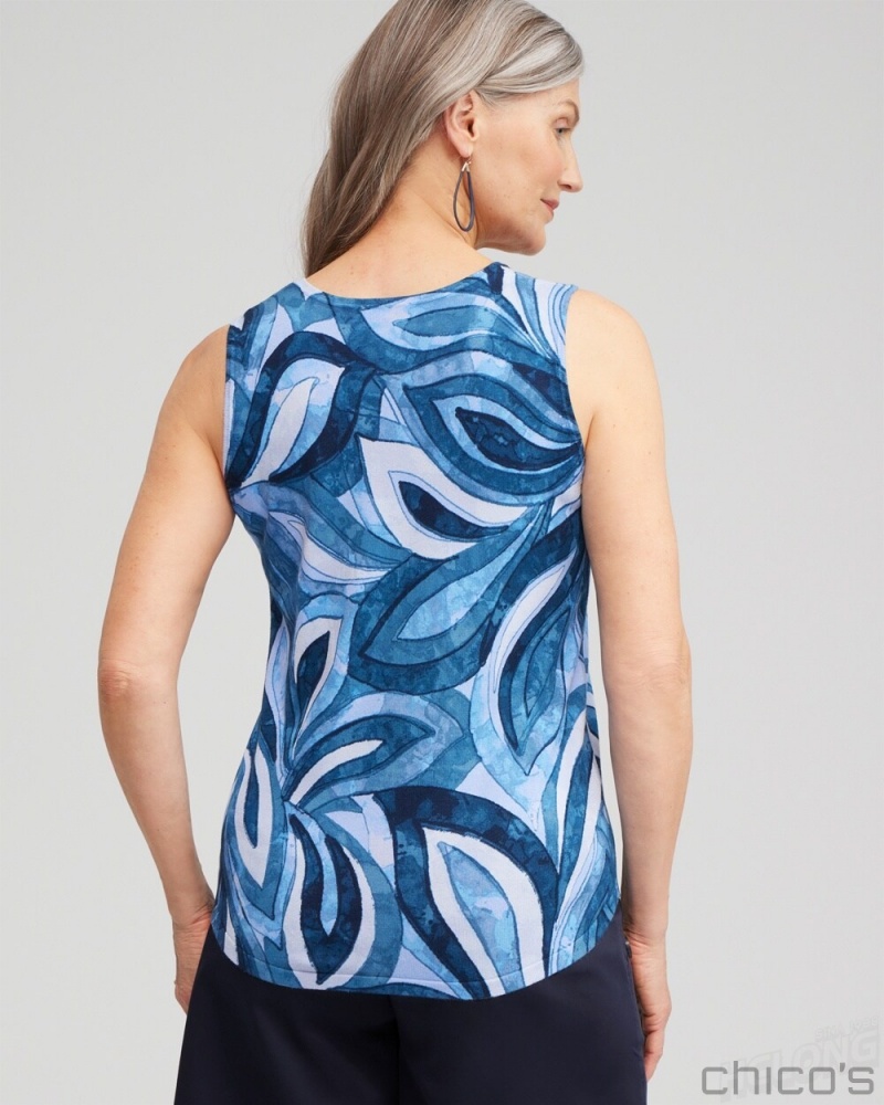 Chico's Spun Rayon Leaf Print Tank Sweaters Azores Blue | 203-MDLEST