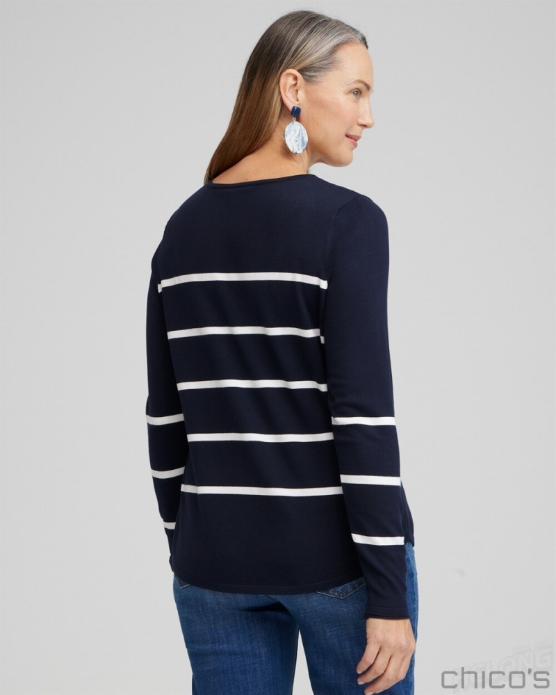 Chico's Spun Rayon Stripe V-neck Pullover Sweaters Classic Navy | 275-DLXOBS