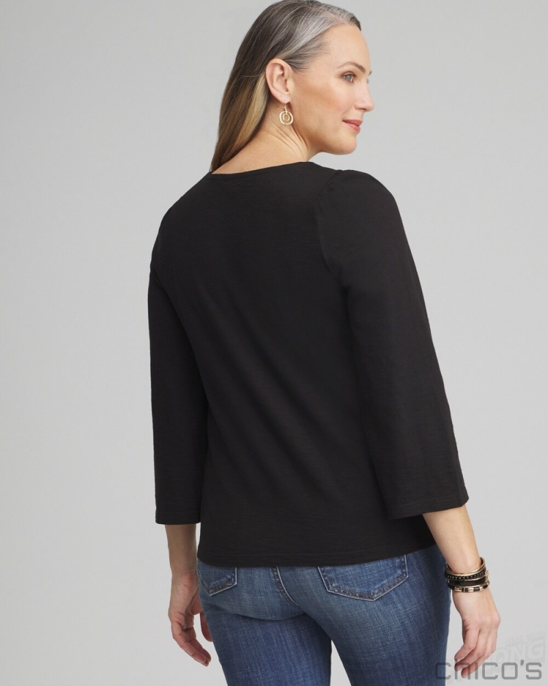 Chico's Square Neck Bell Sleeve Top Tees & Tanks Black | 293-TQYAFC