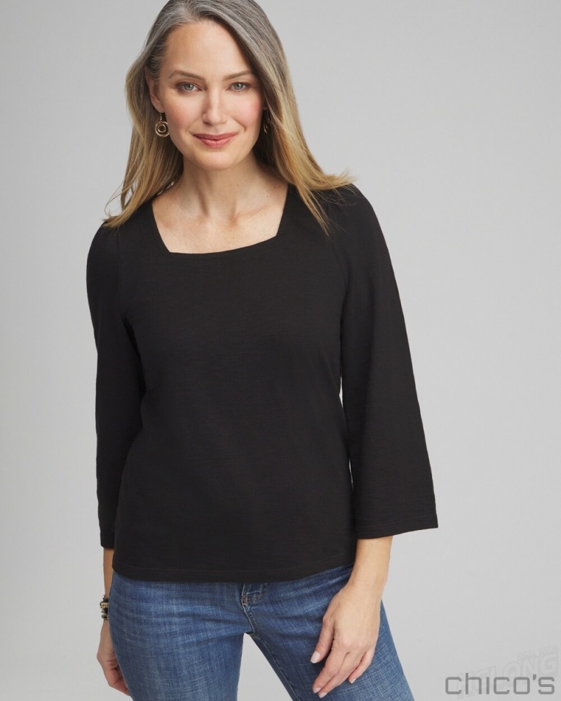 Chico\'s Square Neck Bell Sleeve Top Tees & Tanks Black | 293-TQYAFC