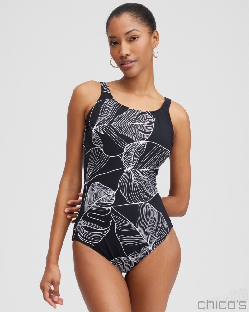 Chico\'s Square Neck One Piece Swimsuit Swim Black/White | 342-KHZUQO