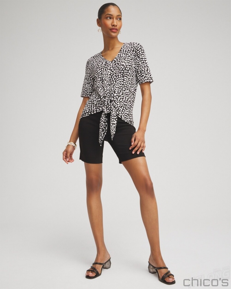 Chico's Squares Abstract Tie-Front Top Tees & Tanks Black | 378-MFLWDZ