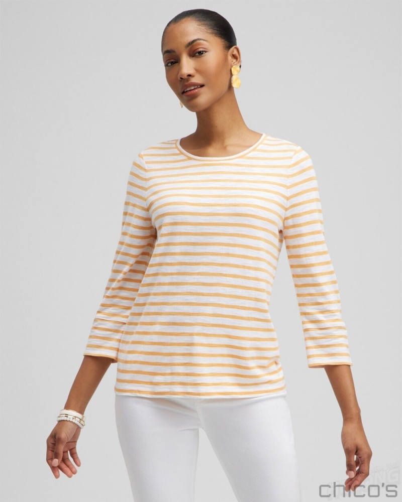 Chico's Stripe 3/4 Sleeve Button Tee Tees & Tanks Mango Sorbet | 984-IHTDYV