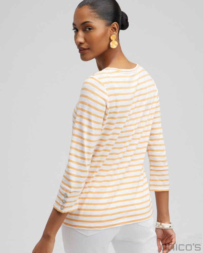 Chico's Stripe 3/4 Sleeve Button Tee Tees & Tanks Mango Sorbet | 984-IHTDYV