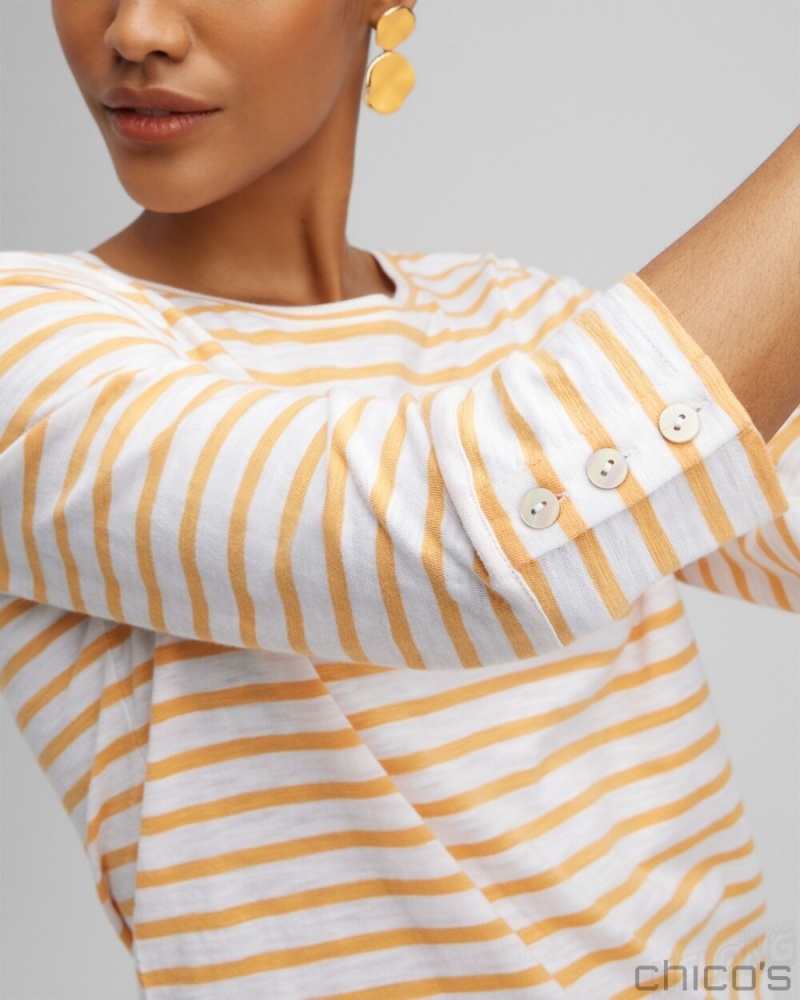 Chico's Stripe 3/4 Sleeve Button Tee Tees & Tanks Mango Sorbet | 984-IHTDYV