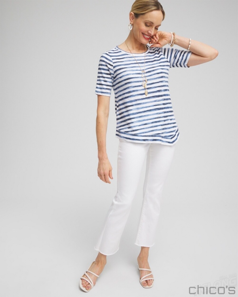 Chico's Stripe Asymmetrical Elbow Sleeve Tee Tees & Tanks Classic Navy | 065-KIGBHX