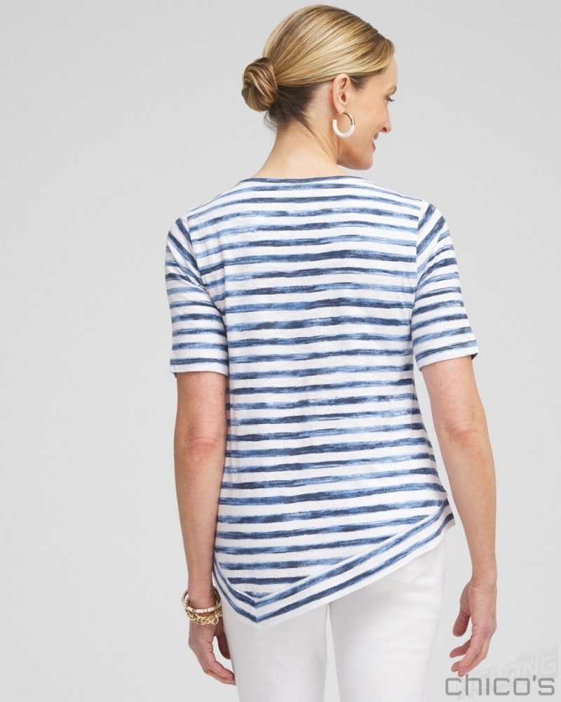 Chico's Stripe Asymmetrical Elbow Sleeve Tee Tees & Tanks Classic Navy | 065-KIGBHX