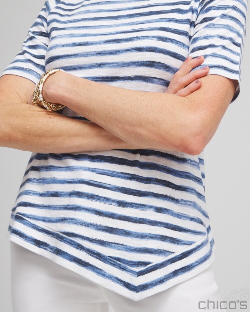 Chico's Stripe Asymmetrical Elbow Sleeve Tee Tees & Tanks Classic Navy | 065-KIGBHX