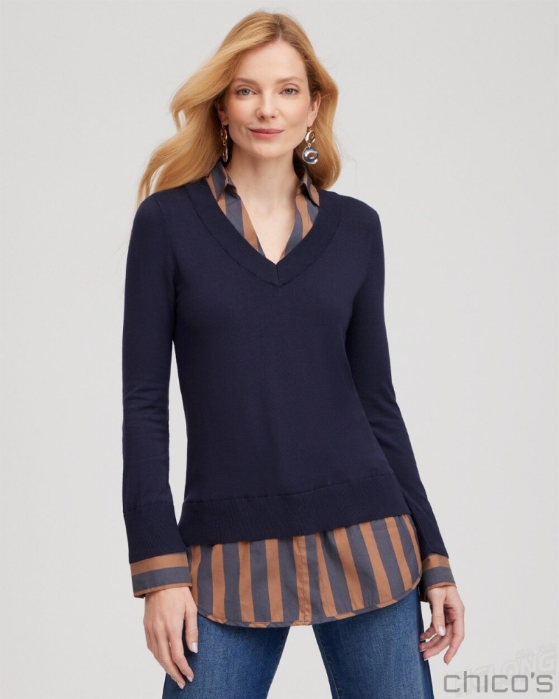 Chico's Stripe Built-in Shirt Sweater Sweaters Classic Navy | 640-FACSIP