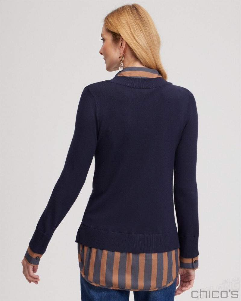 Chico's Stripe Built-in Shirt Sweater Sweaters Classic Navy | 640-FACSIP