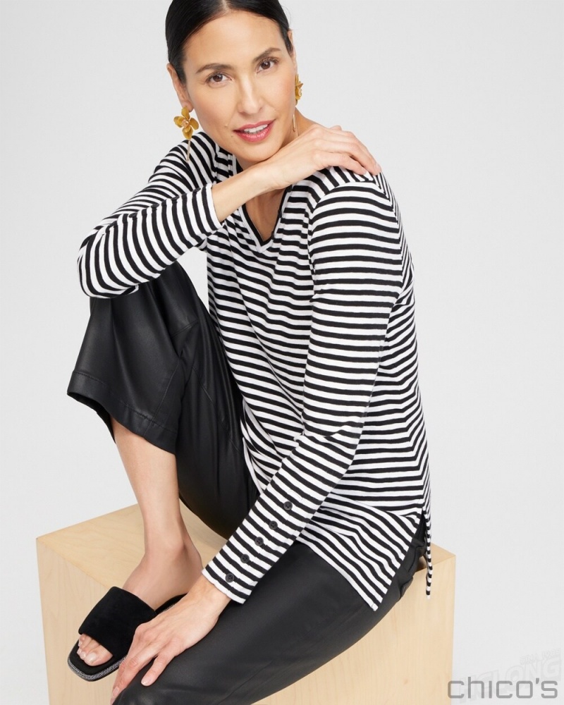 Chico's Stripe Button Detail Tunic Tops Black | 978-MHISZD