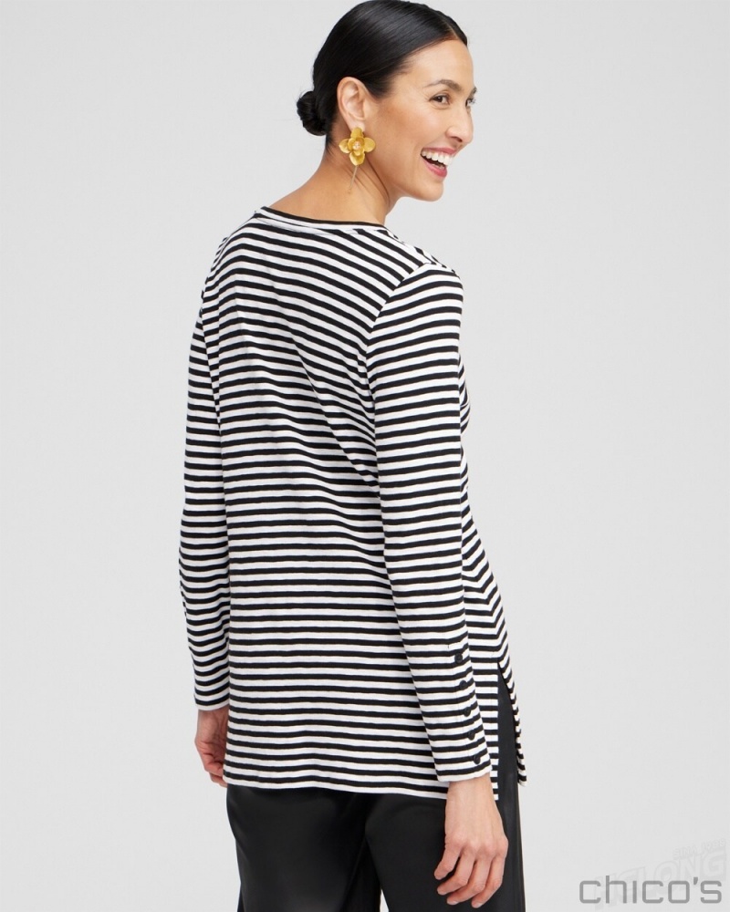 Chico's Stripe Button Detail Tunic Tops Black | 978-MHISZD