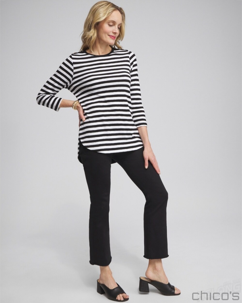 Chico's Stripe Button Trim Ribbed Tunic Tops Black | 048-RPSYFX