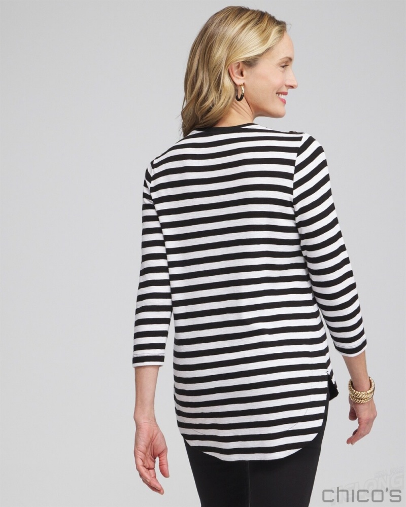 Chico's Stripe Button Trim Ribbed Tunic Tops Black | 048-RPSYFX