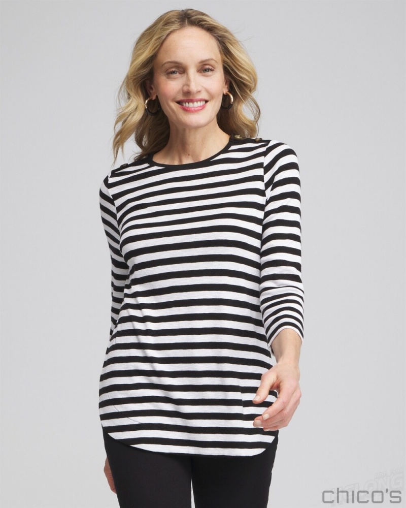 Chico\'s Stripe Button Trim Ribbed Tunic Tops Black | 048-RPSYFX