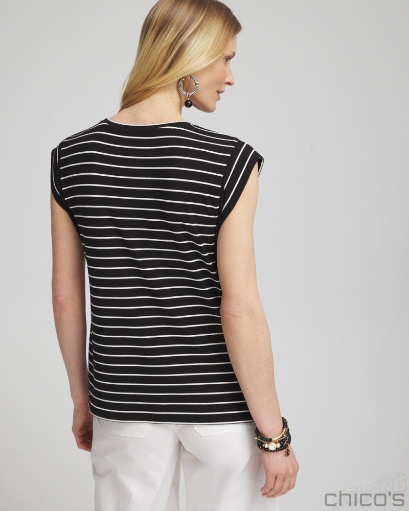 Chico's Stripe Cap Sleeve Tee Tees & Tanks Black | 380-PTXNRB