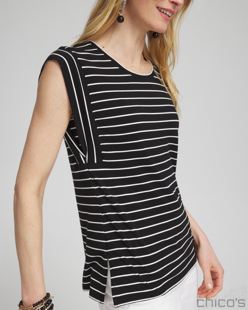 Chico's Stripe Cap Sleeve Tee Tees & Tanks Black | 380-PTXNRB