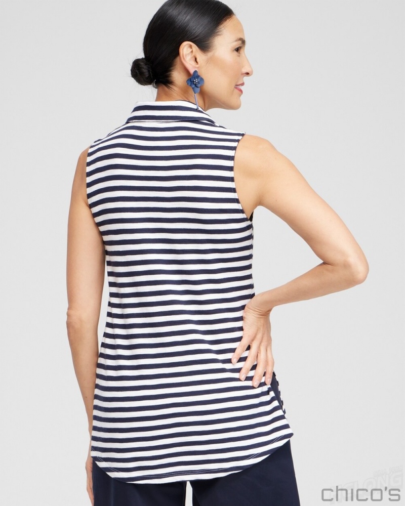 Chico's Stripe Collared Tunic Tank Tees & Tanks Classic Navy | 657-VTFBSK