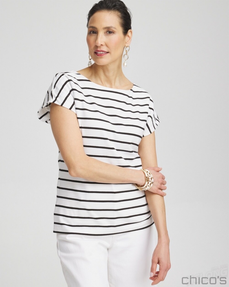 Chico's Stripe Modern Cap Sleeve Tee Tees & Tanks Alabaster | 493-RCWZYX