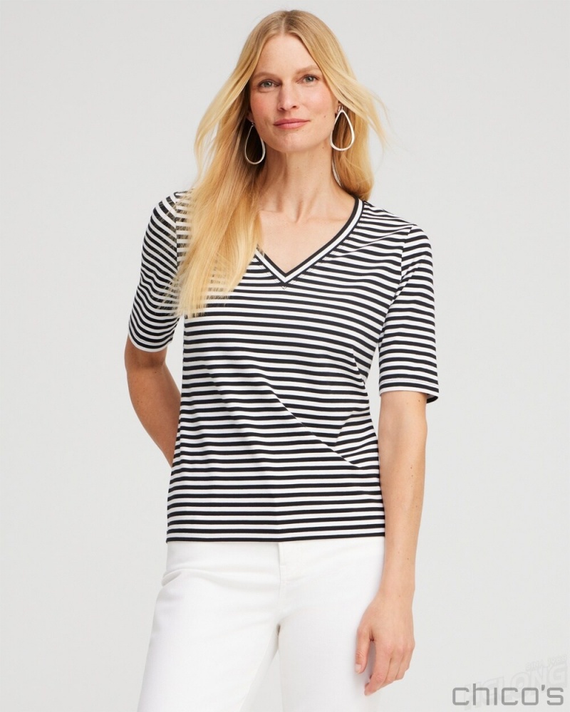 Chico's Stripe Perfect Elbow Sleeve Tee Tops Alabaster | 317-LRAIWT