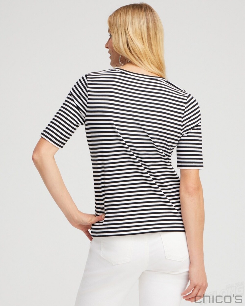 Chico's Stripe Perfect Elbow Sleeve Tee Tops Alabaster | 317-LRAIWT