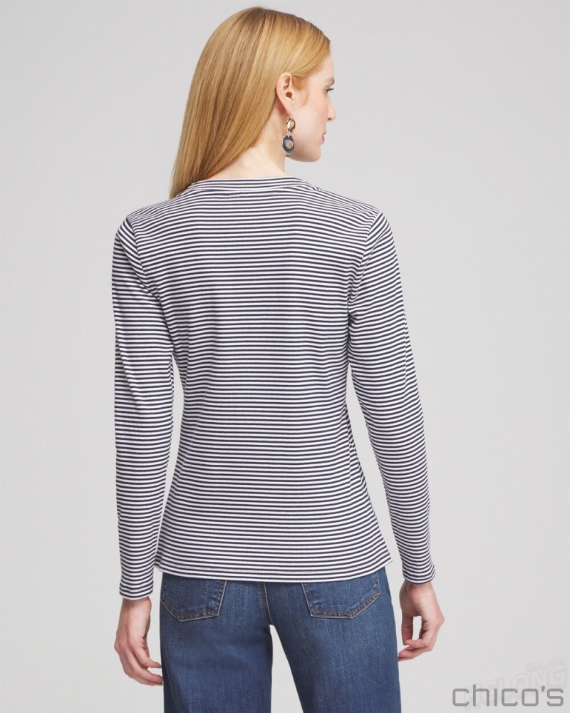 Chico's Stripe Ribbed Henley Tee Tees & Tanks Classic Navy | 716-EMPGIO