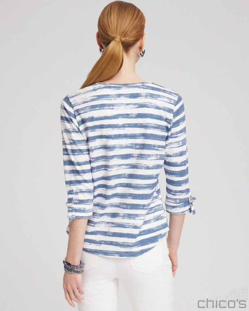 Chico's Stripe Ring Detail Henley Top Tees & Tanks Soft Slate | 318-UAOYTV