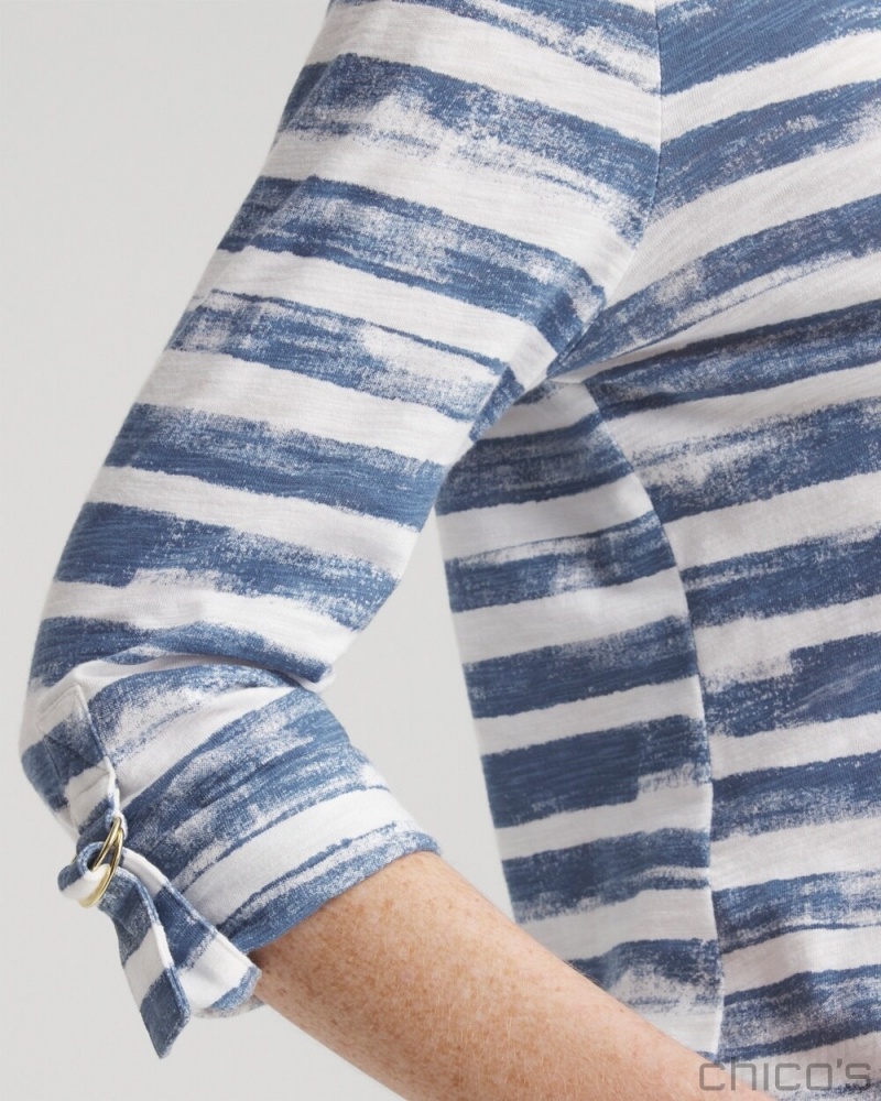 Chico's Stripe Ring Detail Henley Top Tees & Tanks Soft Slate | 318-UAOYTV