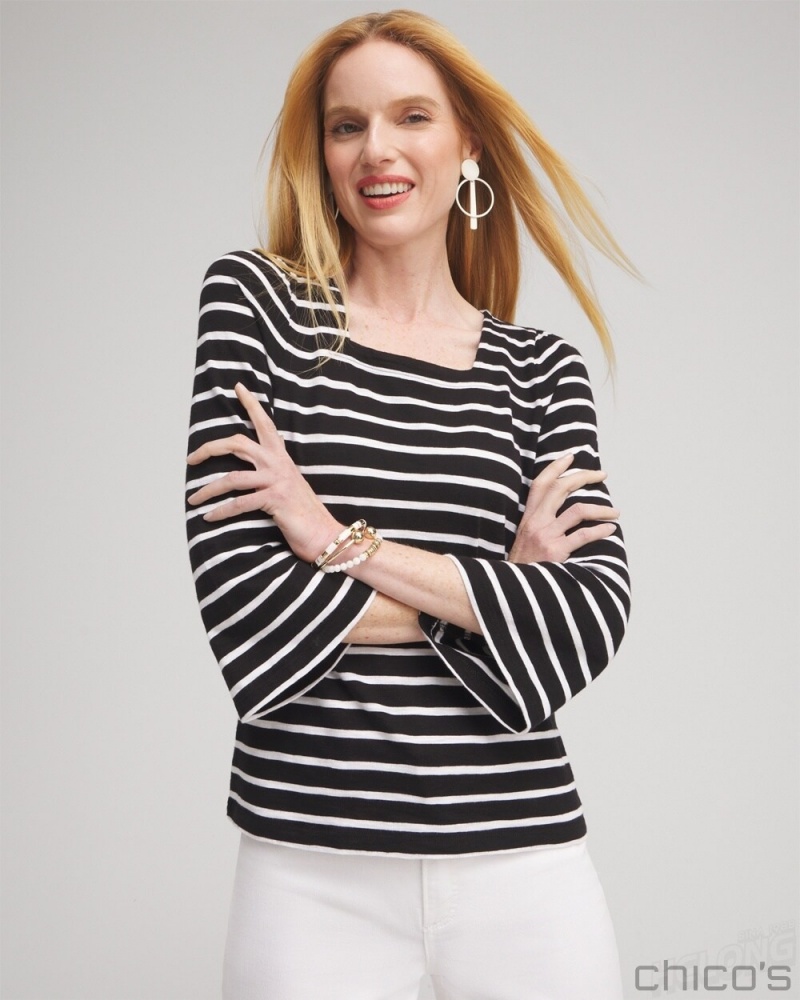 Chico's Stripe Square Neck Bell Sleeve Top Tees & Tanks Black | 932-JCPEDM