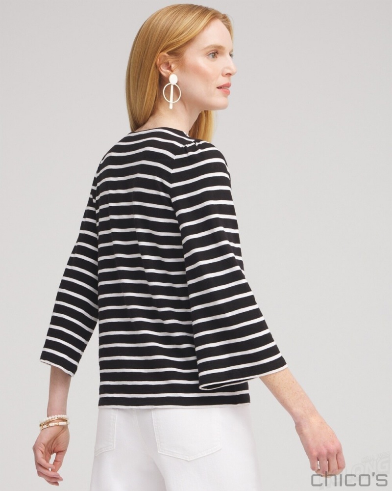 Chico's Stripe Square Neck Bell Sleeve Top Tees & Tanks Black | 932-JCPEDM