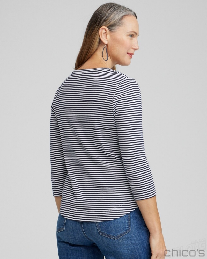 Chico's Stripe V-neck 3/4 Sleeve Tee Tees & Tanks Classic Navy | 041-GJBQLF