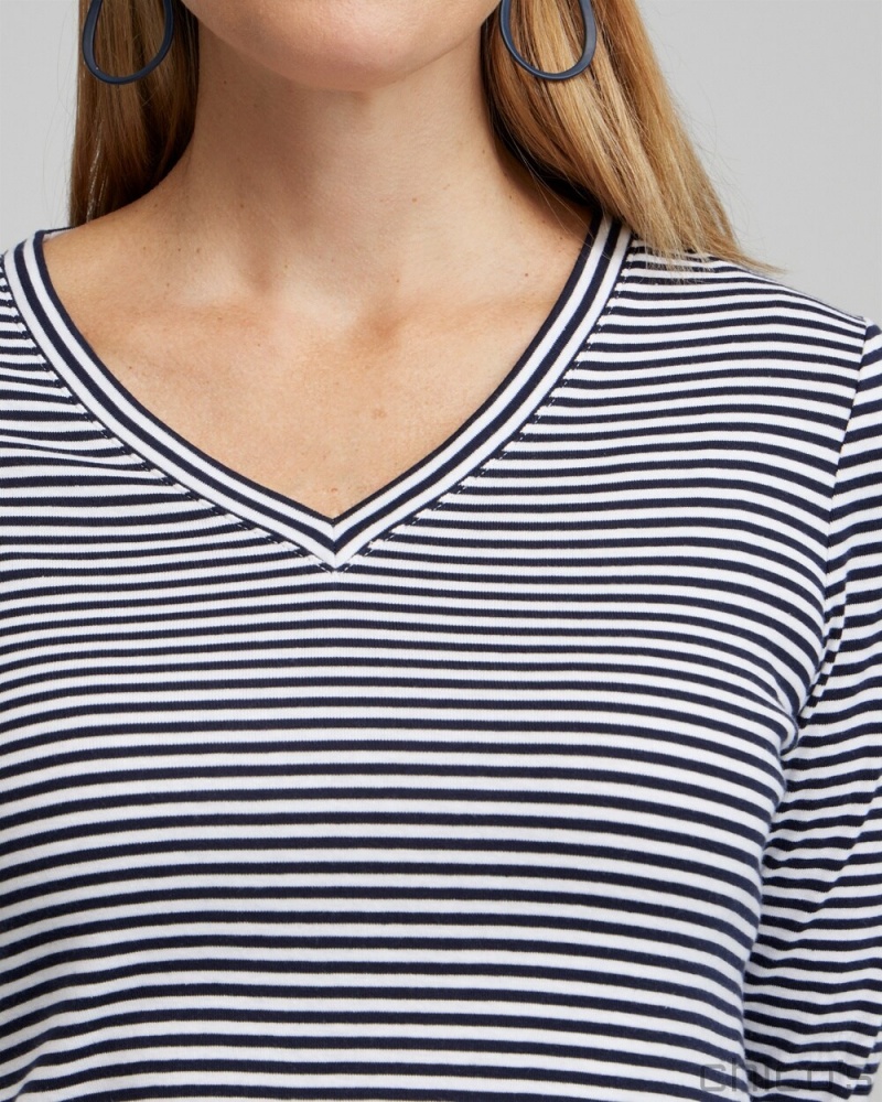 Chico's Stripe V-neck 3/4 Sleeve Tee Tees & Tanks Classic Navy | 041-GJBQLF