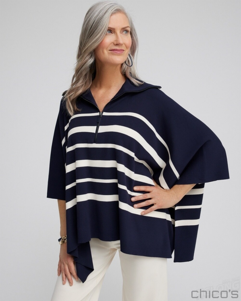 Chico's Stripe Zip Collar Sweater Poncho Ponchos & Ruanas Classic Navy | 436-LOBQMW