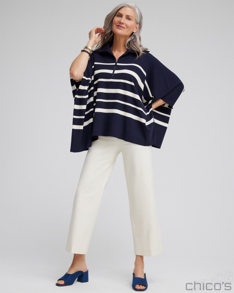 Chico's Stripe Zip Collar Sweater Poncho Ponchos & Ruanas Classic Navy | 436-LOBQMW