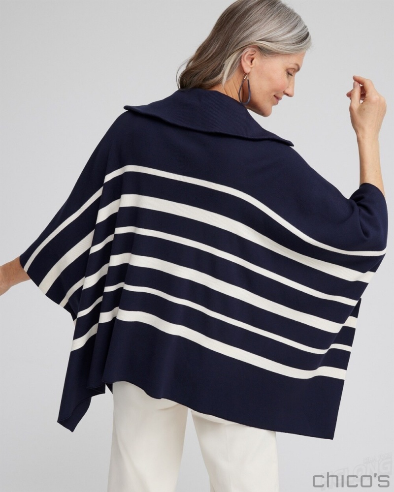 Chico's Stripe Zip Collar Sweater Poncho Ponchos & Ruanas Classic Navy | 436-LOBQMW