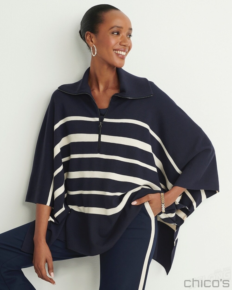 Chico\'s Stripe Zip Collar Sweater Poncho Ponchos & Ruanas Classic Navy | 436-LOBQMW