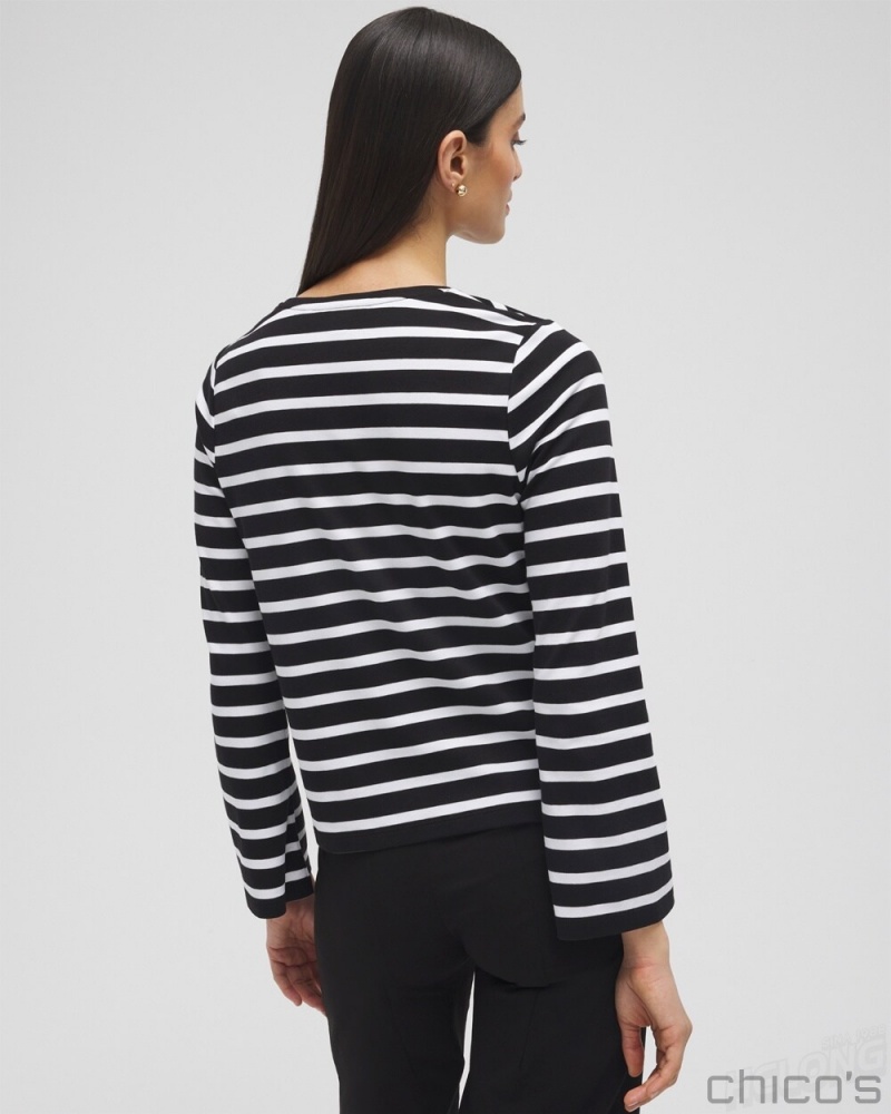 Chico's Striped Long Sleeve Tee Tees & Tanks Black | 412-AVHCIM