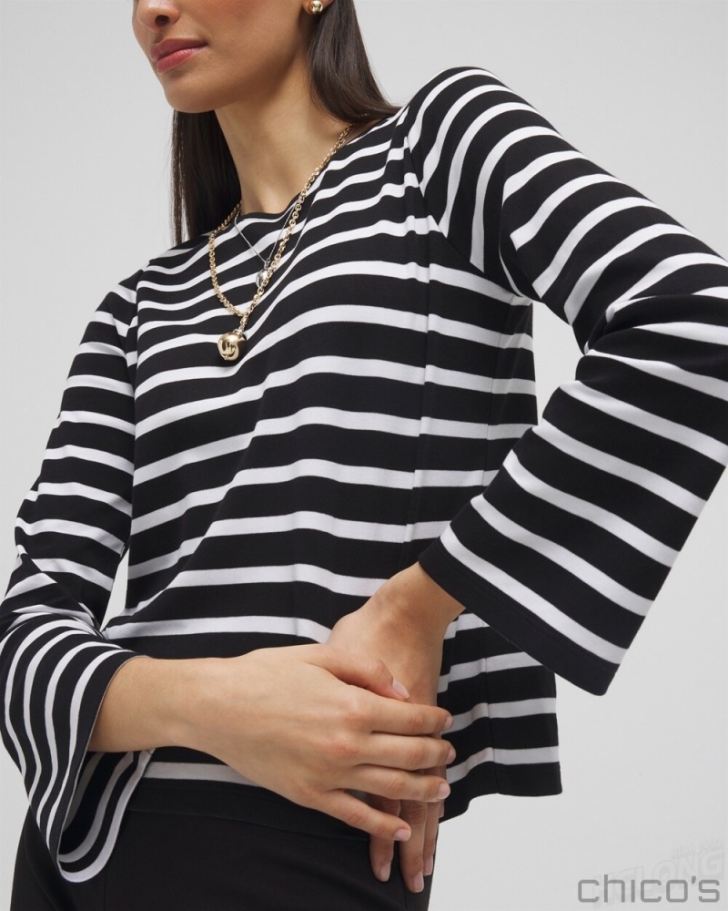 Chico's Striped Long Sleeve Tee Tees & Tanks Black | 412-AVHCIM