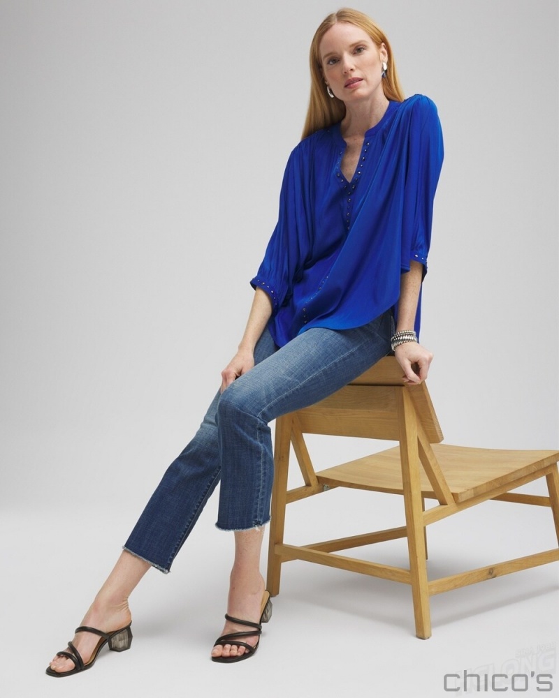 Chico's Stud Trim Top Blouses & Shirts Intense Azure | 834-XNKHMA