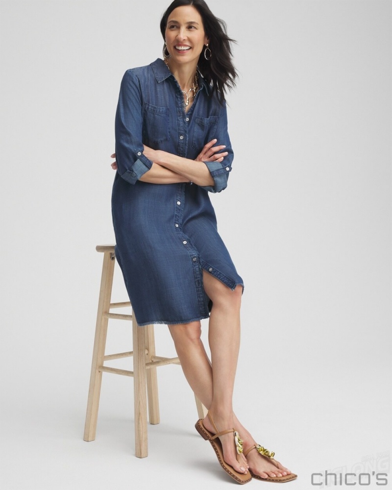 Chico's Tencel Fray Shirt Dress Dresses Marina Bay Indigo | 698-WIHTJF